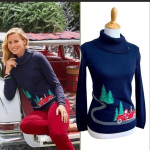 Talbots Womens Sweater DARK Blue Christmas Sweater Truck Lambswool Blend Navy M